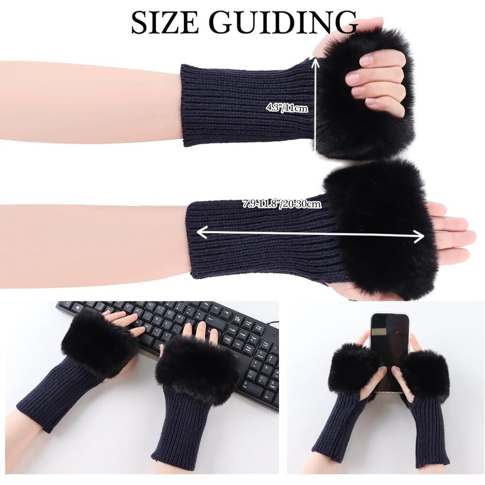Women's Blue Knitted Fingerless Faux Fur Wrist Cuff Thumb Hole Warmers Gloves - Picture 5 of 6